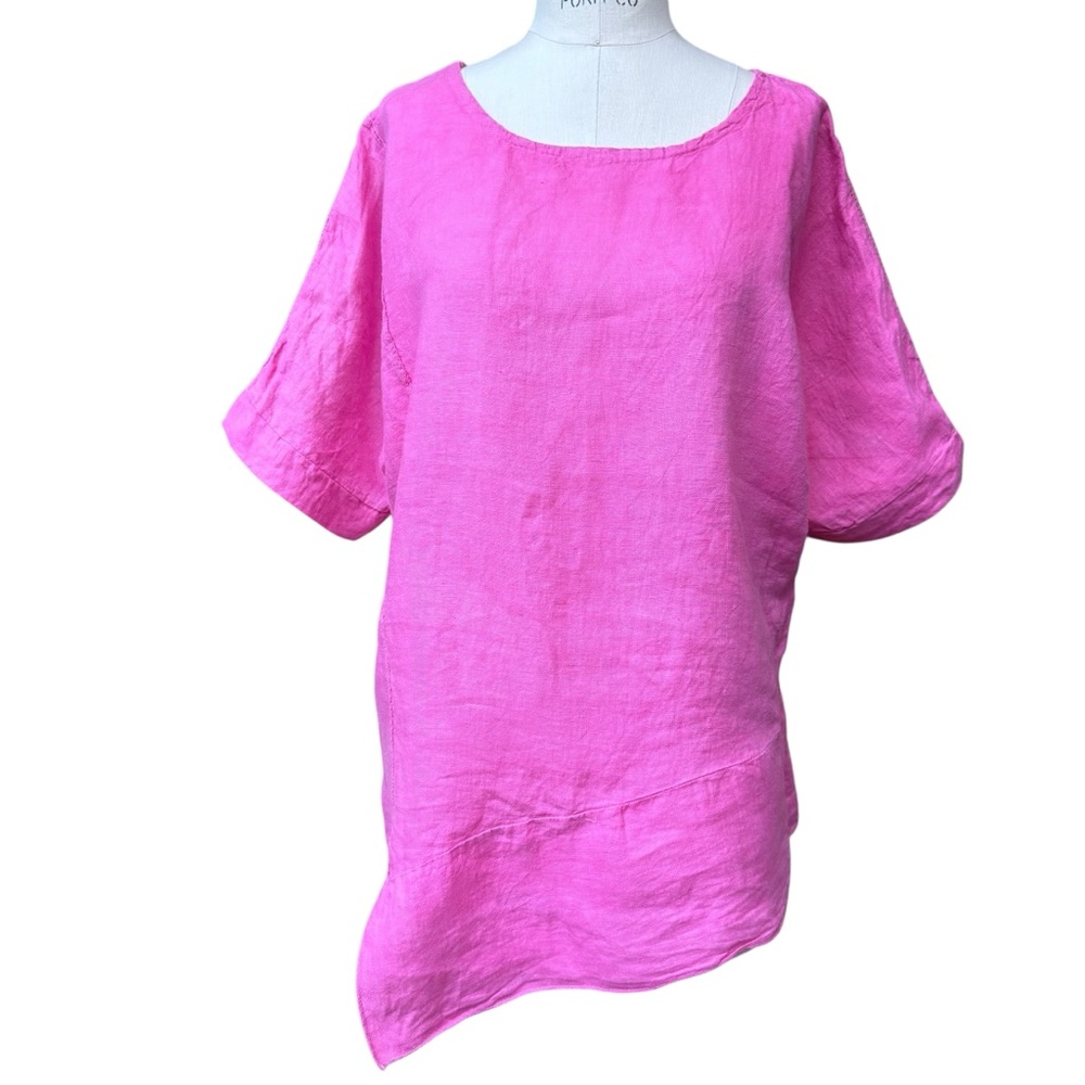 Linen Assimetrical Top Tunic Size L Hot Pink Lace Cottagecore Lagenlook Summer